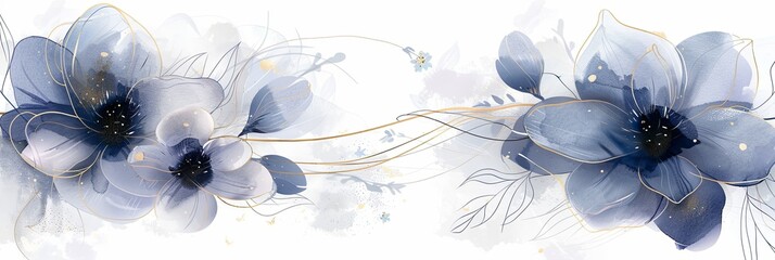 Wall Mural - A blue and white flower painting with gold accents