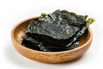 Wall Mural - Crispy nori laver seaweed in wood plate isolated on white background Gim laver nori isolated