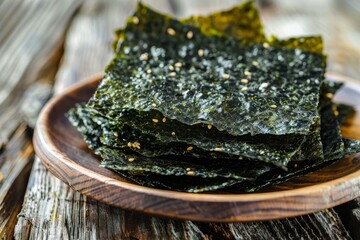 Poster - Crispy nori laver seaweed in wooden plate on table background