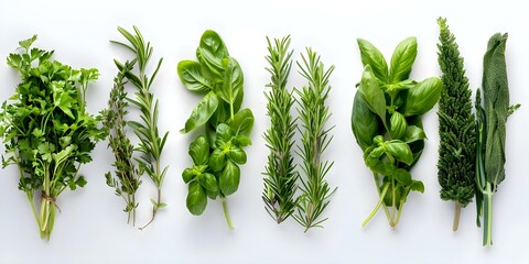 Wall Mural - Top view of various fresh herbs on a white background. Concept Fresh Herbs, Top View, White Background, Culinary Ingredients, Kitchen Essentials
