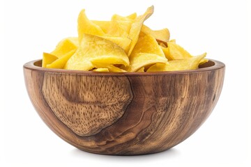 Sticker - Crunchy mango chips in wooden bowl on white background Great for design packaging or commercial use