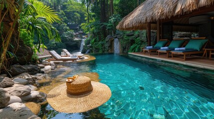 Poster - Tropical Getaway: Poolside Relaxation with a View of a Waterfall