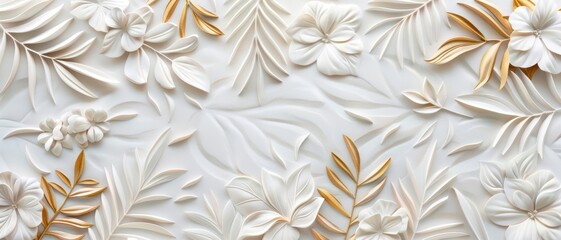 Canvas Print - Elegant White and Gold Floral Pattern with 3D Leaves and Flowers on a Textured Background