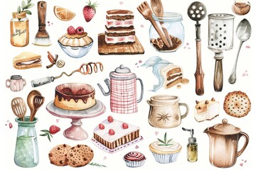 Wall Mural - A collection of food items and kitchen utensils, including a cake, a spoon