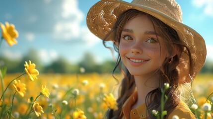 Sticker - Smiling Girl in a Field of Yellow Flowers