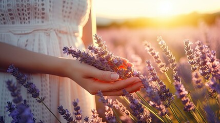 Wall Mural - A woman's hand touching the lavender field 