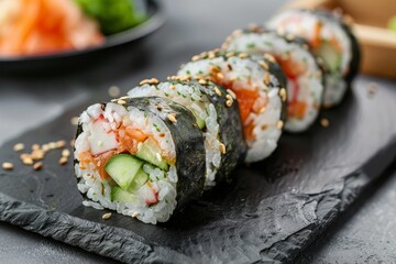 Sticker - Delicious futomaki sushi with cucumber and salmon on a black plate