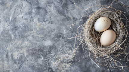 Two new eggs in a nest on a gray textured background with space for text