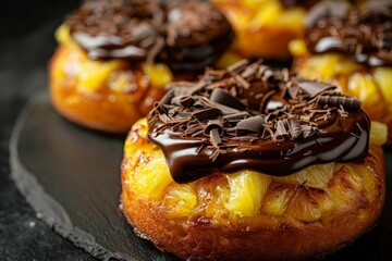 Canvas Print - Detailed image of pineapple cake known as nastar with chocolate topping on black background