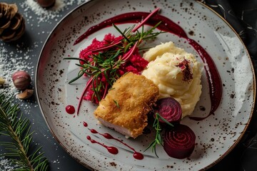 Devolay cutlet and Kiev cutlet with mashed potatoes and beetroots on an exquisite dinner plate topped with grated boiled beetroots