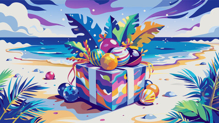 Wall Mural - Tropical Beach Celebration with Colorful Gift Box and Decorations