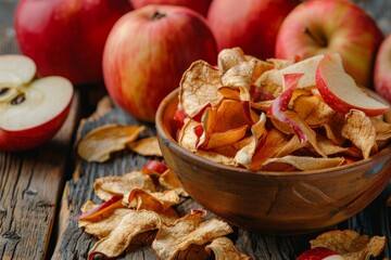 Poster - Dried apple chips and fresh red apples in bowl on table