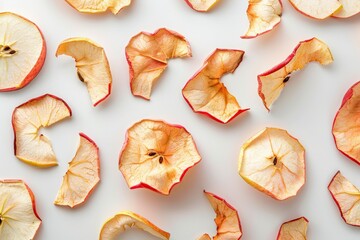 Wall Mural - Dried apple chips and rings on white background top view