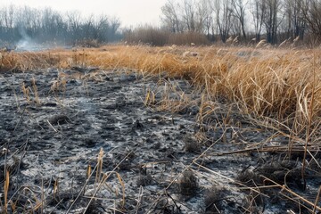 Wall Mural - Field with burned grass and ash after a wildfire leading to environmental destruction and insect loss from slash and burn farming