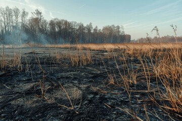 Wall Mural - Field with charred grass aftermath of wildfire Damage to environment and insect habitat caused by slash and burn farming