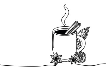 Wall Mural - A cup of mulled wine,continuous one line drawing, winter drink,Vector illustration