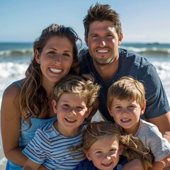 A family of four, including a man and three children, are posing for a photo on the beach. The family appears to be happy and enjoying their time together