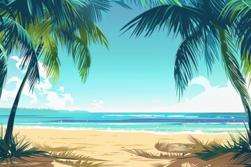 serene beach illustration in flat style featuring palm trees and mountain views