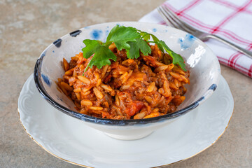 Wall Mural - Orzo pasta bolognese with meatless quorn mince