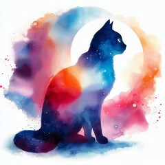 Wall Mural - silhouette of a cat against a cosmic landscape with crescents and stars, watercolor painting