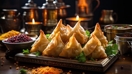 Wall Mural - a plate of dumplings with a lit candle in the background.