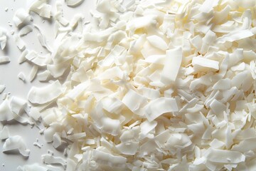 Poster - Fresh coconut flakes from above on a white background