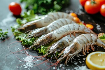 Wall Mural - Fresh king prawns with salad leaves ready to cook