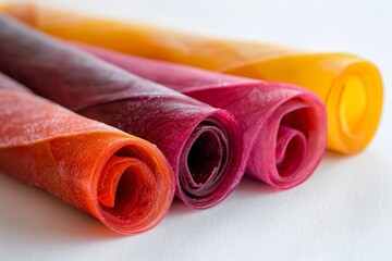 Sticker - Fruit leather rolls on light background are colorful