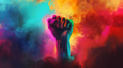 Wall Mural - Hand with raised fist surrounded by colored smoke