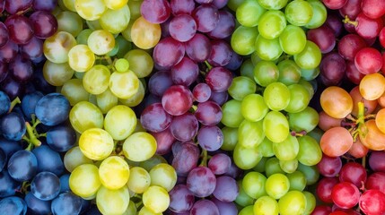 A variety of grape clusters, including green, red, and pink grapes, are arranged on a light pink surface, with some green leaves