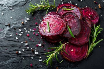 Poster - Gourmet snack Baked beet slices with salt and rosemary