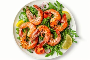 Wall Mural - Grilled Giant shrimp salad on white plate top view