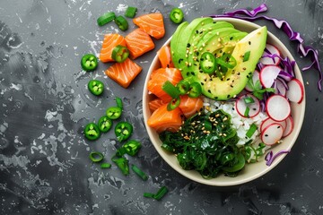 Sticker - Healthy Hawaiian salmon poke bowl with veggies and rice overhead shot