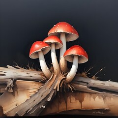 Some mushrooms with red caps and white gills growing on a decaying log against a dark background