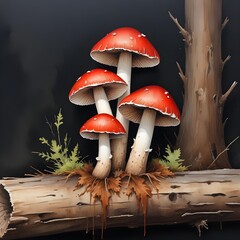 Wall Mural - Some mushrooms with red caps and white gills growing on a decaying log against a dark background