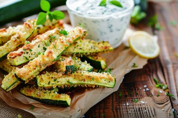 Sticker - High quality vertical photo of zucchini fries with yogurt and herbs on wooden table