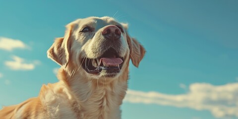 Wall Mural - Happy dog walking in a summer meadow among flowers. Blue sky, sun. Portrait of friendly golden Retriever in the field in grass with sunlight on background. Cheerful puppy