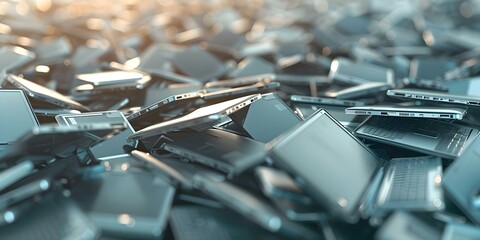 Wall Mural - Blurred background of discarded laptops in an ewaste recycling pile. Concept Abstract Art, Technology Waste, Recycling Process, Environmental Impact, E-Waste Crisis