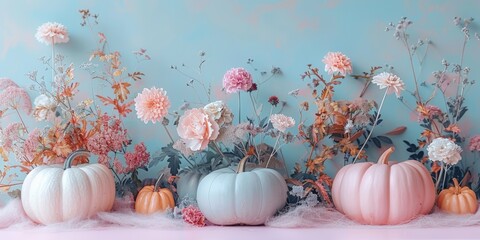 Wall Mural - Pastel-colored pumpkins and flowers arranged on a soft pink background.