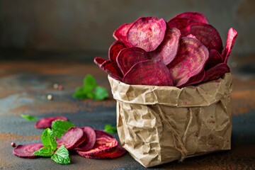 Poster - Homemade beetroot chips wrapped in paper bag Handmade healthy vegetable chips Natural snack