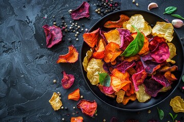 Poster - Homemade fruit veggie chips on dark background Organic vegan dried vegetables Plant based snack concept Top view