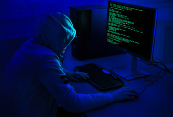 Fototapete - Cybercrime and Hacking Concept. Unrecognizable Hacker Using Computer Virus Program For Cyber Attack