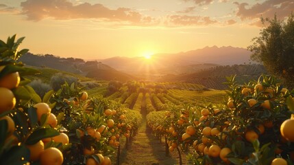 Wall Mural - Sunset landscape photo of Orange plantation. Heathy fresh fruit. Vitamin. Orange grove harvest.	