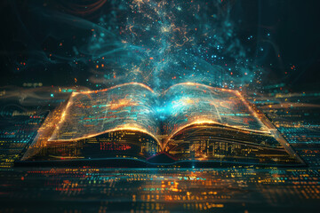 Wall Mural - an enchanting open book with mesmerizing sparkles and lights, symbolizing magic, knowledge, and imag