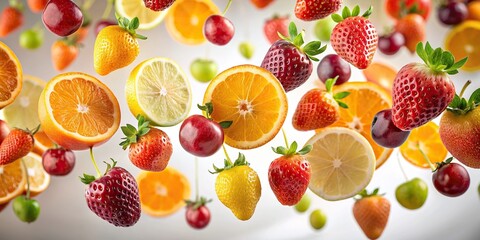 Sticker - Vibrant summer fruits such as strawberries, grapes, and orange slices suspended in mid-air, surrounded by soft focus white background, evoking feelings of whimsy and wonder.