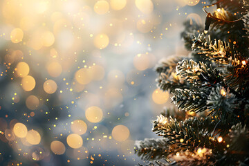 christmas tree on blurred golden bokeh background