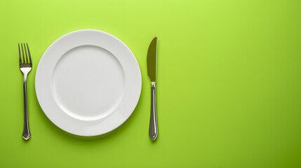 Cutlery, fork, knife, spoon and empty plate on a colored background. AI Generated