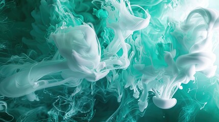 Canvas Print - Spectacular image of teal and white liquid ink churning together, with a realistic texture and great quality for abstract concept. Digital art 3D illustration