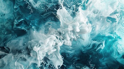 Canvas Print - Spectacular image of teal and white liquid ink churning together, with a realistic texture and great quality for abstract concept. Digital art 3D illustration