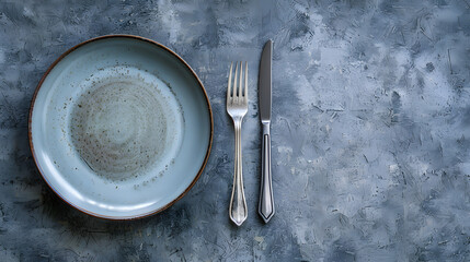 Cutlery, fork, knife, spoon and empty plate on a colored background. AI Generated